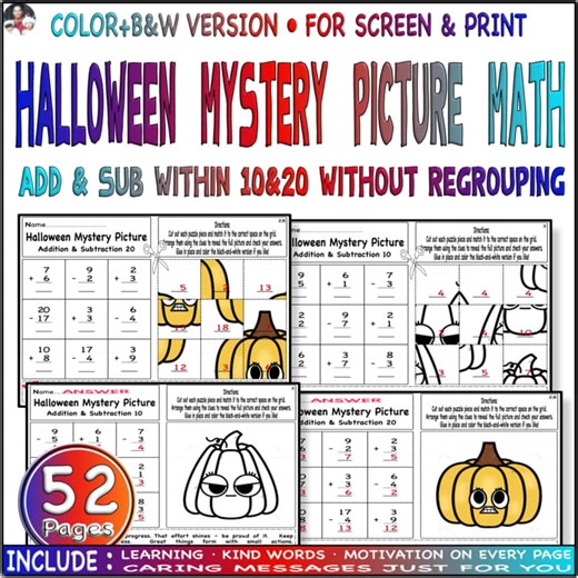 Mixed ADD & SUB within 10 & 20 wiht Regrouping | Halloween Mystery Picture Math.