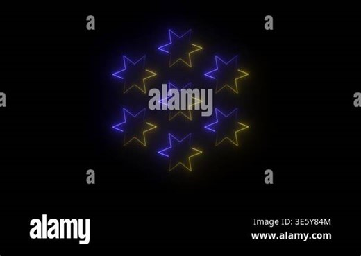 Seven-pointed stars are arranged in a hexagonal pattern, each outlined with alternating neon blue and yellow light against a black backdrop. The contrasting colors create a visually appealing effect Stock Video Footage - Alamy