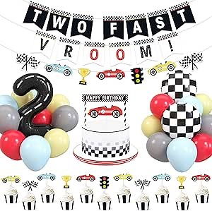 Bessmoso Vintage Two Fast Birthday Race Car Party Decorations Supplies Racing Theme 2nd Birthday Banner Cake Topper Checkered Flags Number Balloons for Let's go Racing Theme Sports Event Party Decor