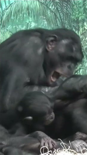 bonobo family including baby playfighting at the cincinnati zoo