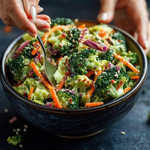 Crunchy Broccoli Salad 🥦🥕✨ This Crunchy Broccoli Salad is fresh, colorful, and bursting with flavor! Packed with crisp broccoli, shredded carrots, and red cabbage, it’s tossed in a creamy, slightly tangy dressing that makes every bite irresistible. Perfect for barbecues, picnics, or healthy meal prep! Ingredients: For the Salad: 4 cups fresh broccoli florets, chopped into small pieces 1 cup shredded carrots ½ cup thinly sliced red cabbage ¼ cup chopped red onion ¼ cup roasted sunflower seeds (