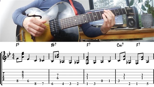 Walking Bass Guitar + Chords - F Blues (Jazz Guitar Lesson)