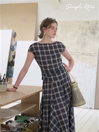 Simple Retro | Abigail Boat Neck Plaid Blouse and Skirt | New In