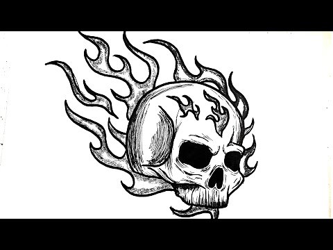 How To Draw A Skull On Fire With Flames | Skull tattoo drawing