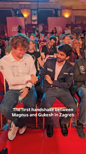 Magnus Carlsen was busy signing autographs when Gukesh quietly took the seat next to him, unnoticed. When Magnus turned around, he saw the World Champion and shook hands with him.🤝 We’re looking forward to seeing them face off in Zagreb, where they’ll play one rapid and two blitz games against each other. #grandchesstour #chess #magnuscarlsen #Gukeshd #handshake🖐️ | Grand Chess Tour