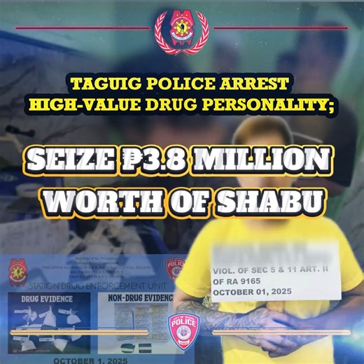 PRESS RELEASE CONTROL NUMBER: 2025-074 TAGUIG POLICE ARREST HIGH-VALUE DRUG PERSONALITY; SEIZE ₱3.8 MILLION WORTH OF SHABU Taguig City, October 1, 2025 – The Taguig City Police Station (TCPS) scored a major breakthrough in its anti-illegal drugs campaign with the arrest of a newly identified High-Value Individual (HVI) and the confiscation of more than half a kilo of shabu valued at ₱3,846,080.00 in Barangay Pembo, Taguig City. At around 12:30 AM on October 1, 2025, personnel of the Station Drug