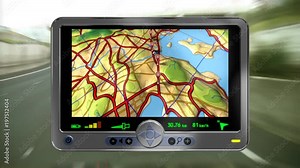 GPS road map loop. Following a vehicle along a route marked by global positioning system way-points. Background of driving in fast motion.