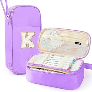 Large Pencil Case,Big Capacity Pencil Pouch,Personalized Initial Pencil Bag with smooth zipper,Multiple Pockets,Cute Aesthetic Stationery Pen Case Bag for Teen Girls College (Purple, K)