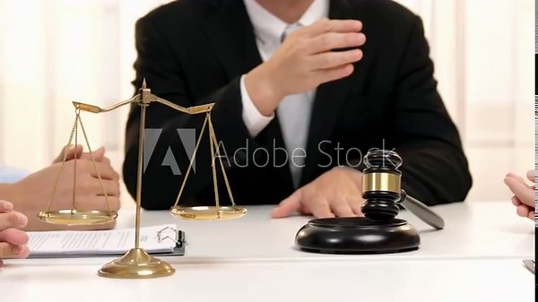 Lawyer act as mediator offer a compromise between two parties to resolve business dispute through negotiation at law firm office. Legal mediation and conflict resolution service. Slow motion. Rigid.
