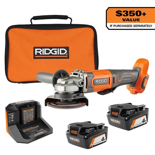 RIDGID 18V 4.0 Ah Battery (2-Pack) with Charger, Bag, and 18V 4-1/2 in. Cordless Angle Grinder - The Home Depot