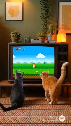 2 Cats Jump into Tv screen and are in a cute pixelated Game 🎮