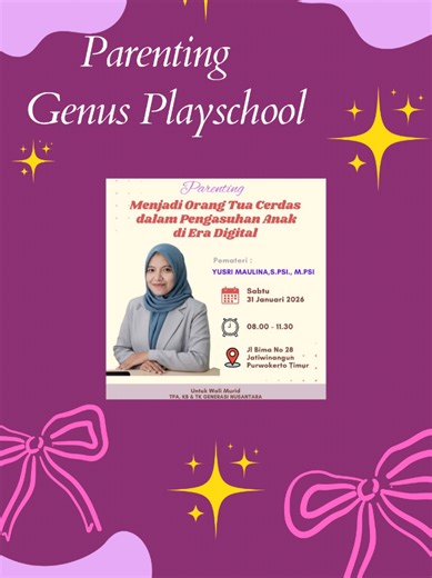 Parenting Wali Siswa Genus... 🌷 TPA, KB, & TK GENUS Jl Bima No.28 Jatiwinangun Purwokerto Timur Informasi & Pendaftaran WhatsApp 081226136246 Ikuti IG @genuss_playschoo Ikuti Tiktok genus.playschool untuk tahu update terbaru Kegiatan di TPA, KB, TK GENUS 🙏 #daycarepurwokerto #solusiayahbundabekerja #bermainsambilbelajar