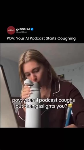 go100xAI | Artificial Intelligence (AI) on Instagram: "A quiet moment turns unsettling in seconds. In this clip, a woman is casually listening to an AI-generated podcast explaining chemical reactions — atoms colliding, bonds breaking, energy aligning — the kind of calm, educational background audio you barely notice anymore. Then it happens. The AI coughs. Not a sound effect. Not background noise. A perfectly timed, human-like cough that interrupts itself mid-sentence. Enough to make her pause, 