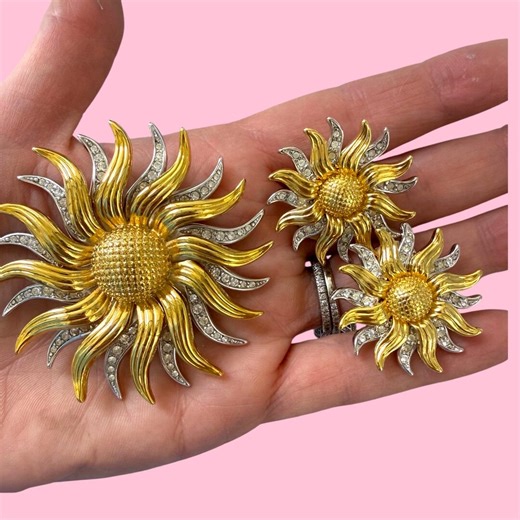 Vintage Kenneth Jay Lane Sunflower Brooch Pendant & Clip-On Earrings Set Gold Rhinestone Convertible KJL Statement Floral