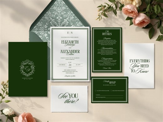Olive Green Wedding Invitation Suite Template: Old Money Emerald Monogram (digital Download) - Etsy