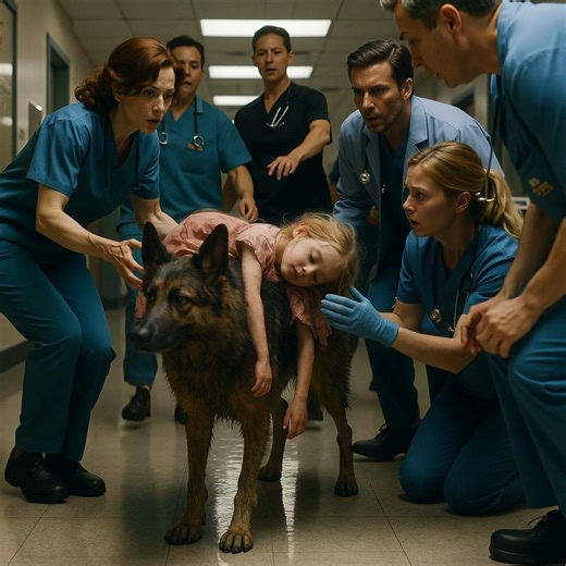 A German Shepherd stormed into the hospital alone, carrying a bleeding girl on his back. Doctors froze. No one knew where he came from. No owner, no warning. What followed stunned the doctors, shook the staff, and revealed a truth no one was prepared to believe. It was a typical Monday morning at St. Mercy General. The air buzzed with urgency. Doctors barking orders, nurses rushing past gurnies, phones ringing without pause. Then suddenly everything stopped. Through the automatic glass doors wal