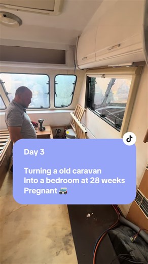 Day 3 of turning an old caravan into my daughter’s bedroom… at 28 weeks pregnant 🤰🏼🚐🔨 Today we STRIPPED it even further 😳 The old electrics are coming out, the shower is GONE, the bathroom is getting a makeover and I’ve somehow used an entire 2.5L tin of primer 😂 And to everyone worried that painting it might affect the resale value… I think the paint is officially the least of our worries now 🤣🤣 Next up: insulation, boarding, boxing in the wheel arch and more priming 👀 #CaravanRenovati