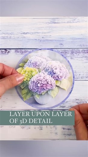 Capture the charm of hydrangeas with this three-sheet pack of 3D Die-Cut Decoupage. Each A4 sheet features meticulously die-cut images that layer to create a beautifully illustrated, dimensional vase—perfect for handmade cards, scrapbooks, gifts, and home décor. | Katy Sue Designs Crafts