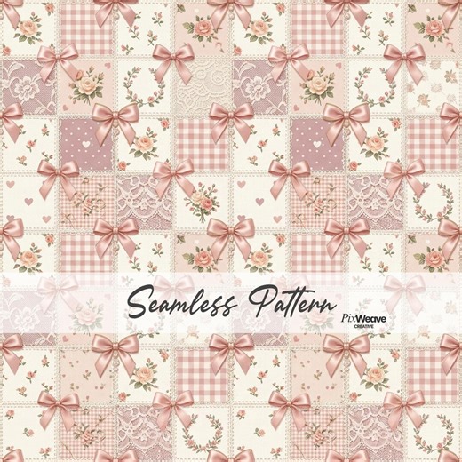 Shabby Chic Floral Bow Patchwork Seamless Pattern, Cottagecore Pink Rose Fabric Print, Coquette Vintage Digital Paper - Etsy