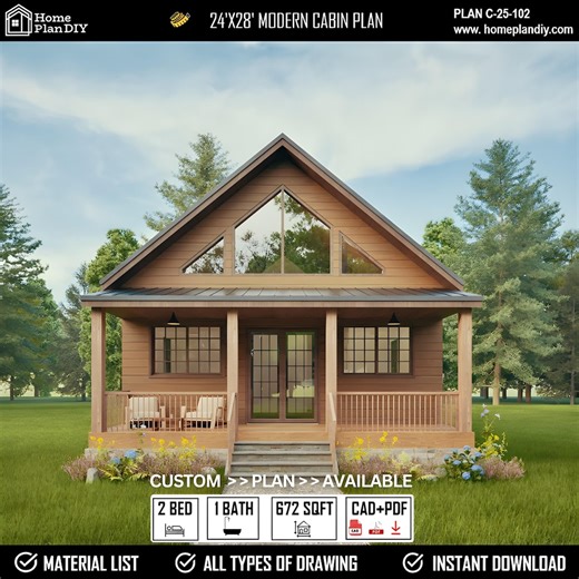 Modern Tiny Cabin DIY Plans: 24'x28' House Building Blueprint (digital Download) - Etsy