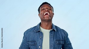 Face of man, wink and laugh in studio with confidence, expression and smile for meme, flirting and funny joke on blue background. Portrait, happy african model and blink emoji for secret in good mood