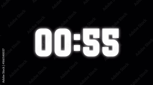 1 Minutes Digital Countdown Timer Overlay with White Glowing Numbers, Time Remaining Display.