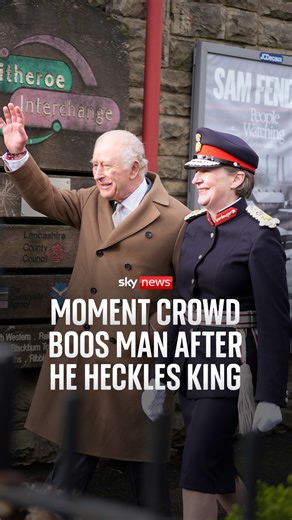The King has once more been heckled in public as he visits the town of Clitheroe in northwest England. A member of the public shouted at the King, "How long have you known about Andrew?" as he greeted crowds at the town's train station but was drowned out by boos from the crowd. 🔗 Read more: https://trib.al/a0vB7hX | Sky News