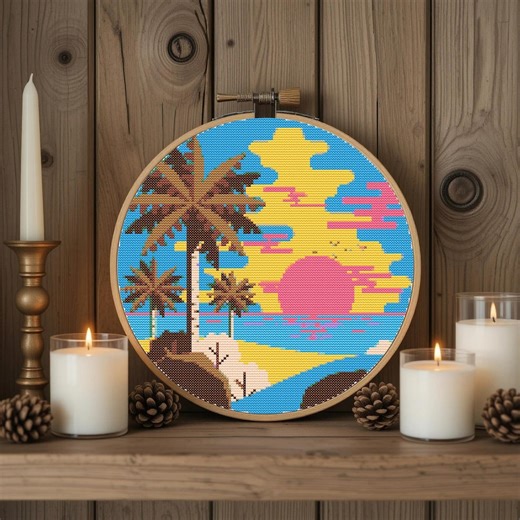 Tropical Sunset Paradise Cross Stitch Pattern PDF | Palm Beach Sunset Embroidery 14ct 16ct 18ct Aida | Tropical Wall Art (PDF Download) - Etsy