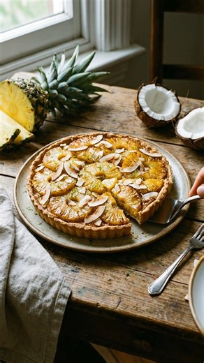 Tarte à l’ananas et à la noix de coco Ingrédients (6–8 personnes) Pâte 1 pâte brisée sucrée (ou pâte sablée) Garniture 1 ananas frais (ou 400 g d’ananas en tranches, bien égoutté) 120 g de sucre 3 œufs 200 ml de lait de coco 100 g de noix de coco râpée 40 g de beurre fondu 1 c. à c. d’extrait de vanille Le zeste d’½ citron vert (facultatif) 1 pincée de sel Préparation Préchauffer le four à 180 °C. Foncer un moule à tarte avec la pâte. Piquer le fond à la fourchette. Préparer l’ananas : le peler,