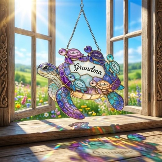 Personalized Turtle Suncatcher for Grandma, Custom Name Window Hanging Stained Glass Ornament, Mothers Day Gift for Mom Grandkids