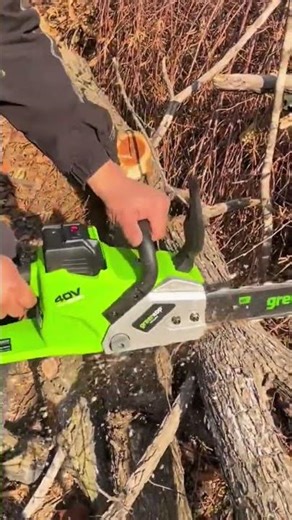 Cutting through a fallen tree branch with a battery-powered chainsaw in a wooded area