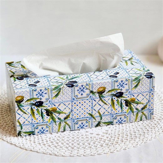 White Tissue Box Holder With Blue Tiles, Wooden Rectangular Tissue Box Cover, Napkin Holder, Decorative Box for Napkins - Etsy