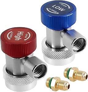 AC R134a Adjustable Quick Coupler Adapter High Low Kit, Air Conditioning Safety Valve R134a Tank Adapter 1/4" HVCA Port Connectors, Coupler Hose Conversion Adapter for AC Air Conditioner Refrigerant