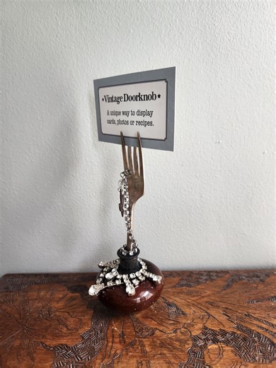Antique Doorknob Card Holder – Repurposed Fork, Rhinestone Accents, Farmhouse Decor