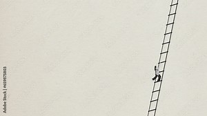 Stop motion. Animation. One girl, woman climbing up the career ladder to achieve success over light background. Monochrome