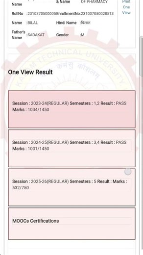 AKTU odd sem Result 📚🎯✍️#motivation #aktu result #pharmacy #study #Aktu 5th sem result #aspirants