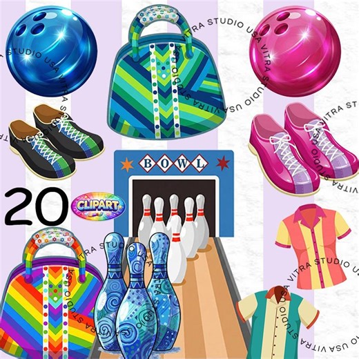 Retro Bowling Clipart, Bowling Ball, Pins, Shoes (V181) - Etsy