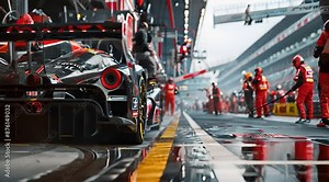 Professional pit crew ready for action as their team's race car arrives in the pit lane during a pitstop of a car race, concept of ultimate teamwork, Generative AI