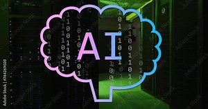 Animation of ai text and brain icon over binary data processing and server room