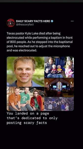 Thescaryfact ™ on Instagram: "Texas pastor Kyle Lake tragically died on October 30, 2005, during a baptism ceremony at University Baptist Church in Waco. While stepping into the baptismal pool in front of 800 congregants, he reached out to adjust a microphone and was electrocuted. Despite efforts to revive him, Lake was pronounced dead later that day."