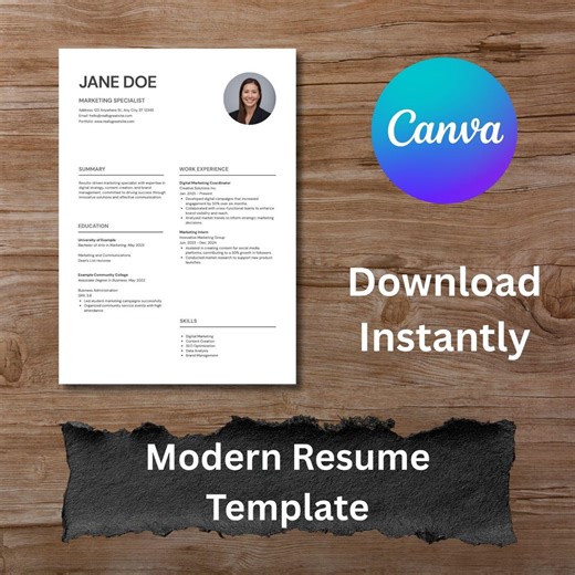 Modèle de CV professionnel Canva avec photo CV moderne d'une page Application pour un emploi soigné Design modifiable pour des rôles commerciaux dans le marketing - Etsy France