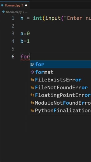 Fibonacci series simple. #coding #python #codinglife #foryou #viral #simple #pythontutorial