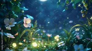 mystical garden illuminated by the moonlight, with fireflies dancing around blooming flowers and a serene melody playing softly, cute Lofi loop anime Seamless looping animation.