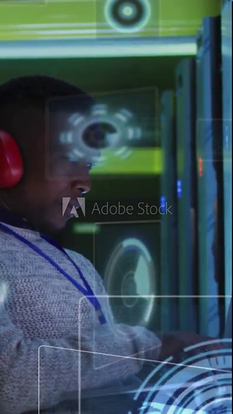 Vertical video: DC tech spotting orange LED, pointing, typing on laptop, monitoring racks with AR