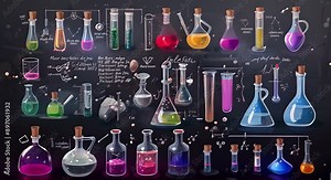 A collection of colorful glass bottles with labels that say "Alchemy" and "Chemistry". The bottles are arranged in a row on a blackboard, with some bottles placed closer to the top