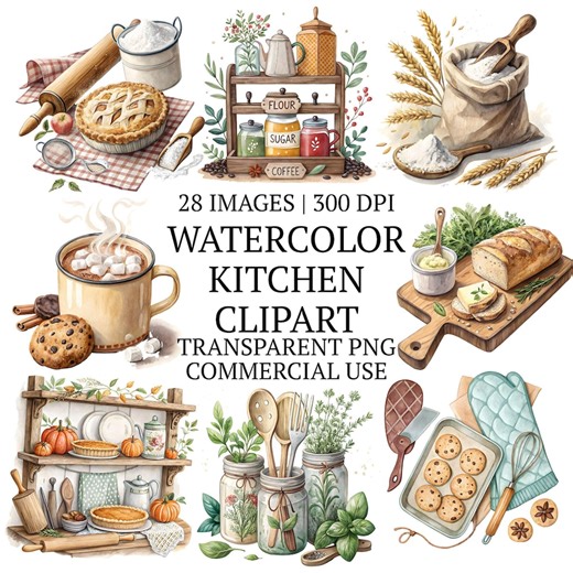 Cute Watercolor Kitchen Clipart Bundle PNG, 28 High-quality Cooking Accessories Clip Art, Whimsical Culinary Tools & Ingredients Graphics - Etsy Australia