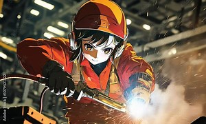 Female Welder Focused on Precision Work illustration cartoon with ai generated.