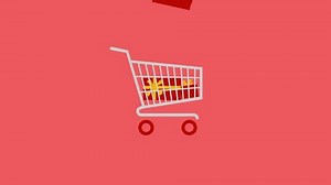 Shopping cart with gift boxes animation: a shopping cart appears from the left, red gift boxes fall into it one by one, the shopping cart leaves.