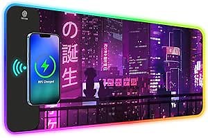 ToLuLu RGB Gaming Wireless Charging Mouse Pad, 15W 10 Light Modes LED Mouse Pad Computer Keyboard Mat Mousepad, 800x300x4MM Extended Large Desk Mat for Gaming, MacBook, Laptop, PC, Neon Purple Sign