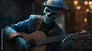 Skeleton in Mexican costume and sombrero playing the guitar. Created with Generative AI